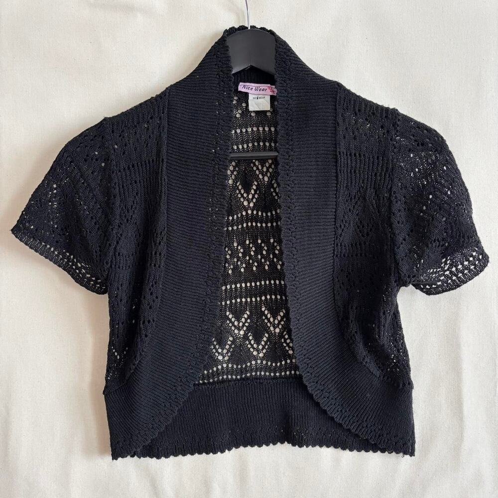 Vintage Y2K Black Knit Crochet Shrug Cardigan w/ geometric pattern - Size S